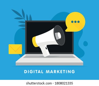 Announcement Megaphone on laptop. Digital Marketing Concept for social networks, promotion and advertising. Flat design vector illustration.