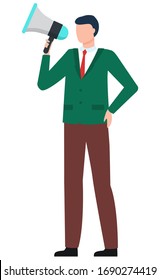 Announcement with megaphone, worldwide information, business advertisement. Male character holding speaking trumpet, public speech, speaker and bullhorn, international partnership, production vector
