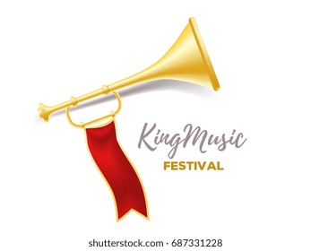 Announcement of a music festival concept. Realistic vector illustration of shiny golden metal trumpet with red ribbon and title on white background.  3d design of horn for web, site, banner 