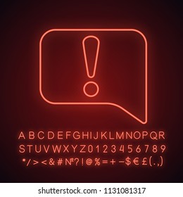 Announcement neon light icon. Notification. Speech bubble with exclamation mark. System error message. Glowing sign with alphabet, numbers and symbols. Vector isolated illustration