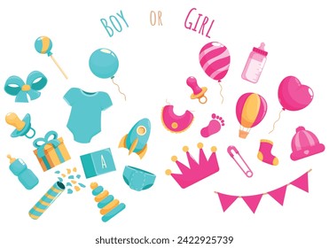 Announcement newborn gender icons set cartoon vector. Baby boy. Party reveal gender