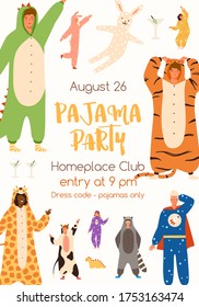 Announcement of pajama party poster vector flat illustration. Colorful man and woman in funny onesies representing various animals and characters. Promo of theme holiday with place for text