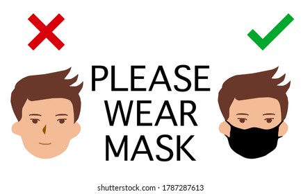 An announcement with PLEASE WEAR MASK and 2 persons icon. One is wearing protective mask, one isn’t. Graphic design  for a banner or poster for hospital, office, school, restaurant or any public areas