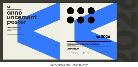 Announcement poster with bold typography, large geometric blue arrows, and black circles, creating dynamic contrast for visual updates or editorial layouts.