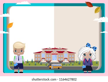 Announcement (poster, congratulation, invitation, postcard, photos, diploma, certificate, coupon)on the background of books, girl and boy schoolboys with a bouquet, school, school bus, autumn leaves