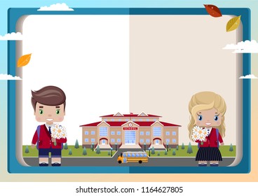 Announcement (poster, congratulation, invitation, postcard, photos, diploma, certificate, coupon)on the background of books, girl and boy schoolboys with a bouquet, school, school bus, autumn leaves