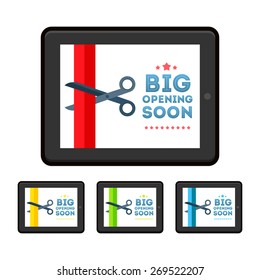 Announcement poster Ã?Â«Big opening soonÃ?Â» with scissors cutting color badge on tablet horizontal
