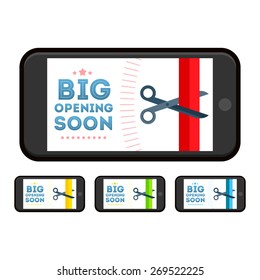Announcement poster Ã?Â«Big opening soonÃ?Â» with scissors cutting color badge on smartphone horizontal