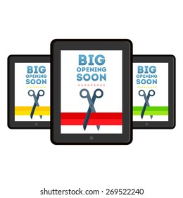 Announcement poster Ã?Â«Big opening soonÃ?Â» with scissors cutting color badge on tablet