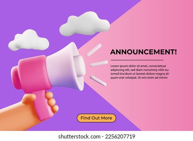 Announcement or promotion concept with 3d cartoon hand holding loudspeaker or megaphone and text information placeholder for web banner or website.Vector illustration