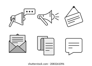 Announcement, public statement or notice icon set. Outline thin line illustration. Isolated on white background. 