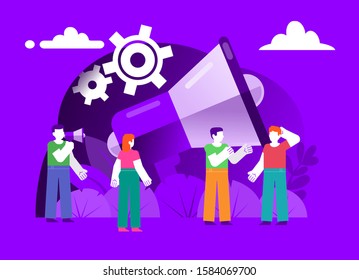 Announcement, recruitment, search for employee. Group of people stand near big megaphone, loudspeaker. Poster for social media, web page, banner, presentation. Flat design vector illustration