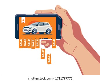 The announcement of the sale of the car is posted on the Internet and shown on the smartphone which holds the hand of a person.