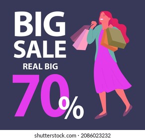 Announcement of seventy percent discounts. Girl with shopping bags in her hands is smiling happily during the sale. Young beautiful happy girl picks up multi-colored packages on dark blue background