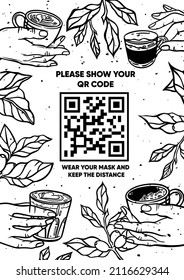 Anuncio mostrar tu código qr al estilo de pizarra, folleto promocional para medios impresos y sociales. Ilustración vectorial, manos sosteniendo café. Promoción de cafeterías y restaurantes