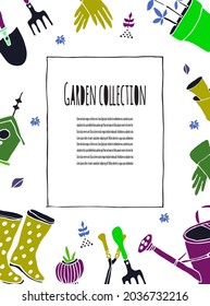 Announcement or signboard of Bright garden collection of Tools, work clothes, seedlings, flowers,  etc. Hand drawn vector illustration.