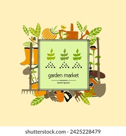 Announcement or signboard of garden market. Bright garden collection of Tools, work clothes, seedlings, flowers,  etc. Hand drawn vector illustration.