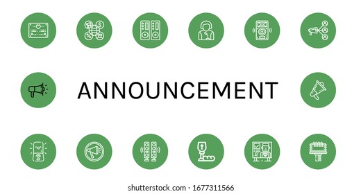 announcement simple icons set. Contains such icons as Wedding certificate, Megaphone, Loudspeaker, Speaker, Speakers, Communion, Billboard, can be used for web, mobile and logo