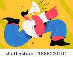 Announcement, speaker, advertising concept. Young businessman cartoon character jumping and shouting on megaphone for getting attention feeling confident and excited vector illustration 