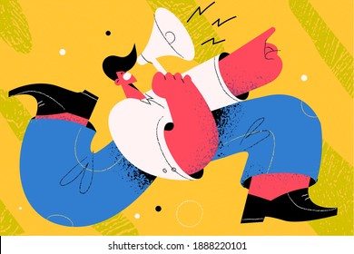 Announcement, speaker, advertising concept. Young businessman cartoon character jumping and shouting on megaphone for getting attention feeling confident and excited vector illustration 