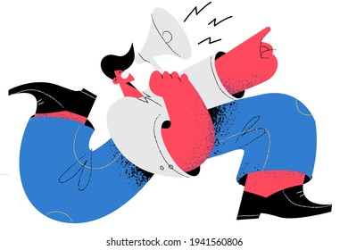 Announcement, speaker, advertising concept. Young businessman cartoon character jumping and shouting on megaphone for getting attention feeling confident and excited vector illustration 