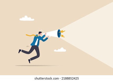 Announcement or storytelling, communication skill or shouting out loud, sending message or attention warning, speak or boss aggression concept, businessman boss shouting on megaphone or loudspeaker.