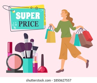 Announcement of the super price in the store. Large set of cosmetics. Smiling woman with shopping bags. Young beautiful happy girl is picking up multi-colored packages with clothes and shopping