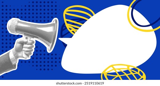 Announcement template for banner, flyer or poster. Pop-art style with speech bubble, polka dots, burst and strokes. And with hand holding megaphone in halftone technique. Blue and yellow colors