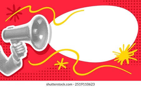 Announcement template for banner, flyer or poster. Pop-art style with speech bubble, polka dots, burst and strokes. And with hand holding megaphone in halftone technique. Yellow and red colors