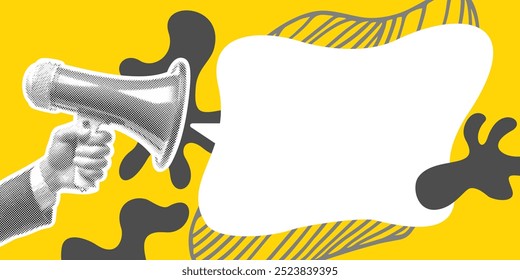 Announcement template for banner, flyer or poster. Pop-art style with speech bubble, polka dots, burst and strokes. And with hand holding megaphone in halftone technique. Gray and yellow colors