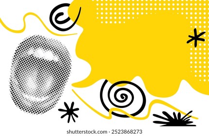 Modelo de anúncio para banner, folheto ou cartaz. Estilo pop-art com balão de fala, pontos polka, traços abstratos. E gritando a boca da mulher em técnica de meio-tom