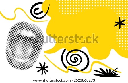 Announcement template for banner, flyer or poster. Pop-art style with speech bubble, polka dots, abstract strokes. And shouting woman mouth in halftone technique