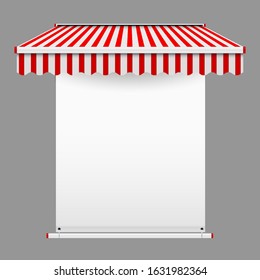 Announcement textile banner with grommets mockup. Commercial vector awning. Market, cafe, or restaurant desing element. Promo design template. Striped awning isolated on grey background.