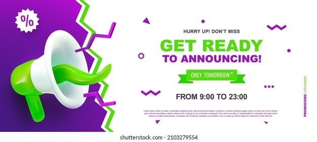 Announcement vector banner, grand opening coupon template. Special offer super sale vector illustration. Creative megaphone with human tongue on purple background