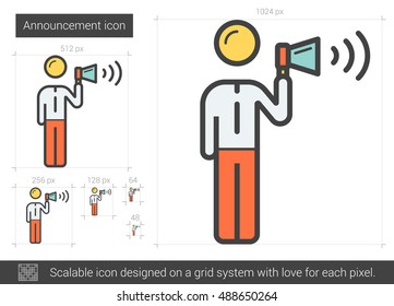 Announcement vector line icon isolated on white background. Announcement line icon for infographic, website or app. Scalable icon designed on a grid system.