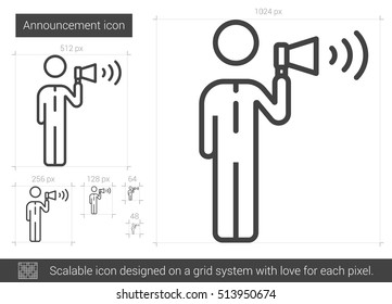 Ankündigung, Vektorgrafik Symbol einzeln auf weißem Hintergrund. Zeilensymbol für Infografik, Website oder App. Skalierbares Symbol, das auf einem Gittersystem entworfen wurde.