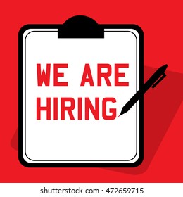 An announcement of 'we are hiring' advertisement includes clipboard and pen