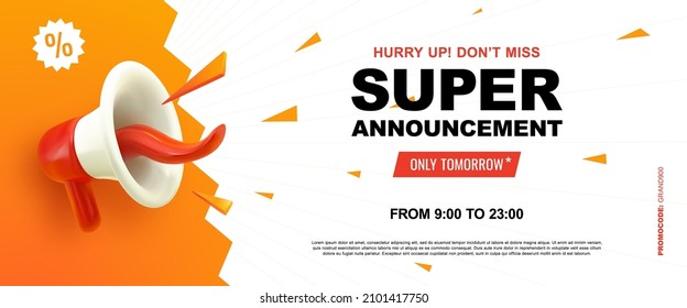 Announcement web banner, grand opening coupon template. Super sale special offer vector illustration. Creative megaphone with human tongue on orange background