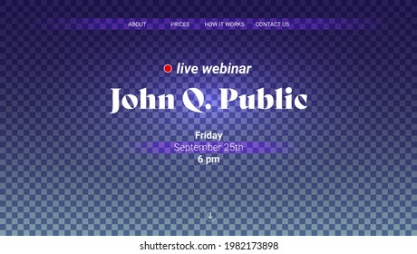 Anuncios de seminarios web en vivo. Plantilla vectorial de la página de aterrizaje en el fondo a cuadros. Promoción de seminarios web en vivo en medios sociales.