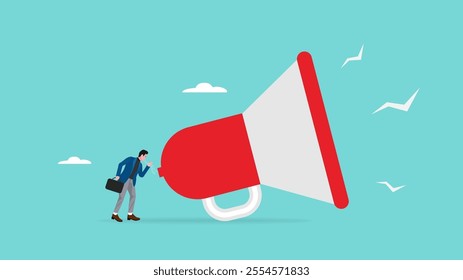 announcements or promotions concept, executive management skill to communicate with employee, person expressing an opinion, businessman leader speak on big megaphone giving speech to public