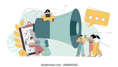 Announcements through the media, PR, Marketing campaign. Public relations. Vector flat illustration.