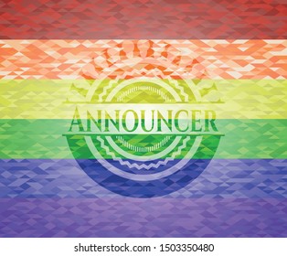 Announcer emblem on mosaic background with the colors of the LGBT flag