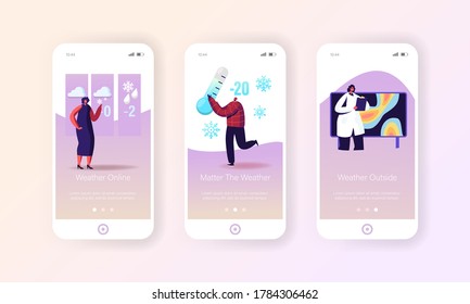 Announcer Forecast Weather In Studio Mobile App Page Onboard Screen Template. Meteorologist Character Reporter Forecasting Snowy And Rainy Spring In Tv News Concept. Cartoon People Vector Illustration