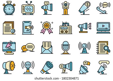 Announcer icons set. Outline set of announcer vector icons thin line color flat on white