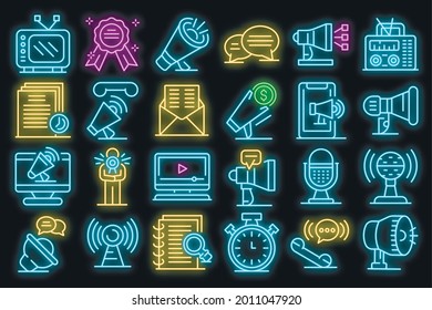 Announcer icons set. Outline set of announcer vector icons neon color on black