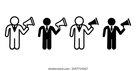 Announcer Male Figures Holding Megaphones Icons Simple Black and White Color Vector Design Illustration Sets