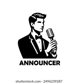 Announcer man holding microphone silhouette vector illustration.
