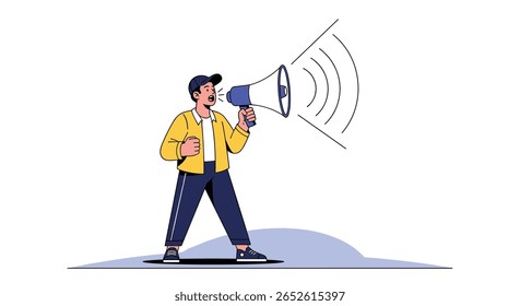 Anunciante com Megaphone Espalhando notícias importantes e fazendo um anúncio alto para um grande público