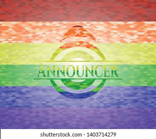 Announcer on mosaic background with the colors of the LGBT flag