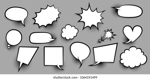 Announces sketch idea conversation sketch explosion. Comic text speech bubble halftone dot background. Big set picture blank template pop art style. Comics book dialog empty cloud, space cartoon box.